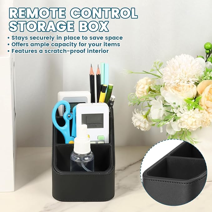 PU Remote Control Holder, Small Desk Organizer Office Supply Bedside Caddy for Nightstand End Table Remote Organizer with 3/4 Compartment (Black)(3 grids)