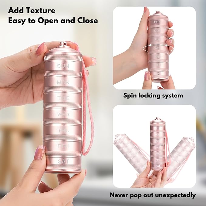 Travel Pill Organizer 7 Day - Waterproof Metal Weekly Pill Box Daily Pill Case with 7 Compartments, Pill Container for Vitamin Medicine Supplements Fish Oil, Pink Daily Pill Organizer