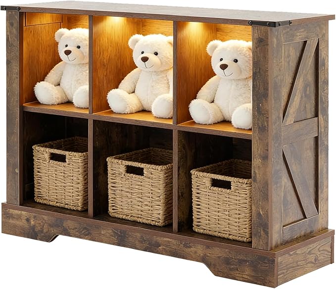 6 Cube Bookcase, Wooden Cube Storage Organizer Shelf, Brown Horizontal Book Shelf with LED Lights, Freestanding Display Cabinet for Living Room, Bedroom, Home Office