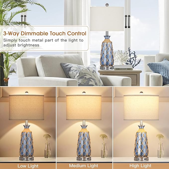 25.5" Coastal Glass Table Lamps Set of 2, 3-Way Dimmable Touch Control Bedside Lamps with 2 USB Ports and AC Outlet, Blue Nautical Nightstand Lamps for Bedroom Living Room (LED Bulbs Included)