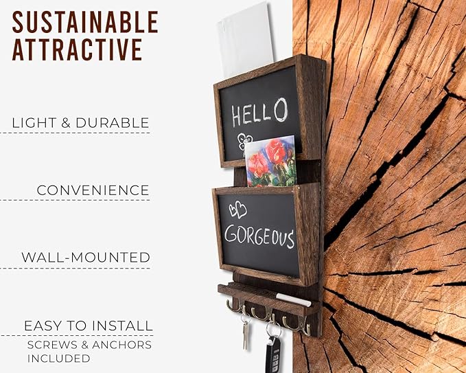 Comfify Rustic 2-Slot Mail Sorter Organizer for Wall with Chalkboard Surface & 3 Double Key Hooks - Wooden Wall Mount Mail Holder Organizer – Entryway Made of Paulownia Wood - Torched Brown