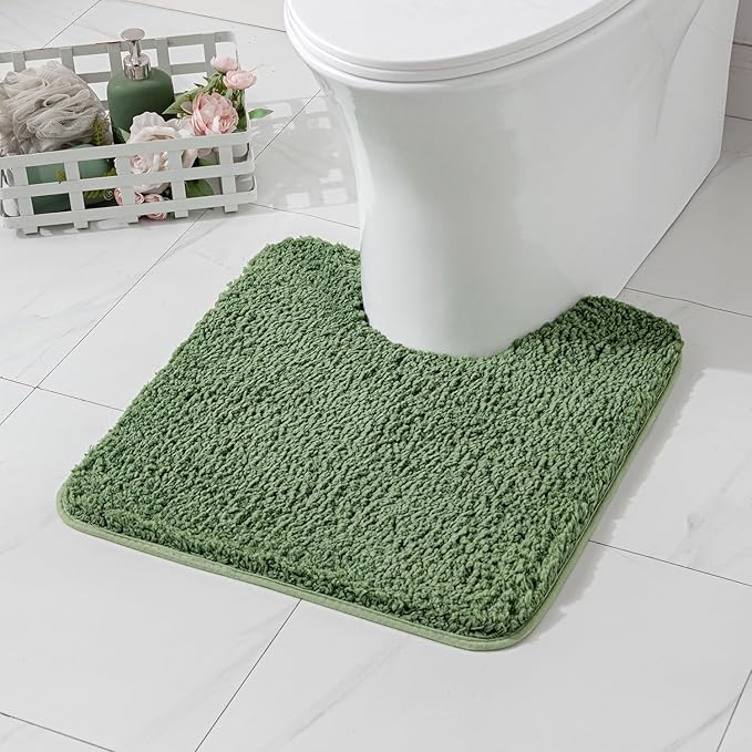 MIULEE Microfiber Toilet Bath Mat U-Shaped Contour Shaggy Bathroom Rugs Non Slip Extra Thick Soft Bath Rug Absorbent Water for Bathroom Commode Machine Washable(20x24 Inch, Moss Green)
