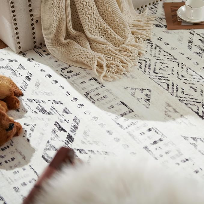 jinchan Boho 4x6 Neutral Area Rugs - Machine Washable Moroccan Soft Throw Rug Bohemian Diamond Design Non-Slip Carpet for Bedroom Entryway Living Room Kitchen Dining Room (4‘x6', Charcoal)