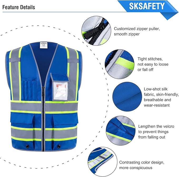 SKSAFETY 10 Pockets Safety Vest, Class 2 High Visibility Security with Zipper, Hi Vis Vest with Reflective Strips, ANSI/ISEA Standard, Construction Work Vest for Men ＆ Women （Blue, 4XL）