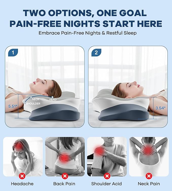 Cervical Pillow for Neck Pain Relief, Cooling Ergonomic Memory Foam Pillow with Ice Silk Pillowcase, Dual-Height Orthopedic Contour Support Pillow for Side,Back,Stomach Sleepers, CertiPUR-US Certified