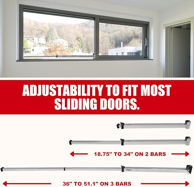 SECURITYMAN Sliding Door Security Bar-Child Proof Sliding Door Lock Bar with Anti Lift Lock - Fits Most Doors & Windows - Adjustable Patio Door Security Bar (18.75"- 51.1") Chrome
