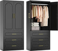 71" Tall Metal Armoire Wardrobe Closet witih Three Drawers, Large Wardrobe Cabinet with Hanging Rod, Clothing Storage Cabinet with Doors and Shelves for Bedroom, Black, Assemble Required