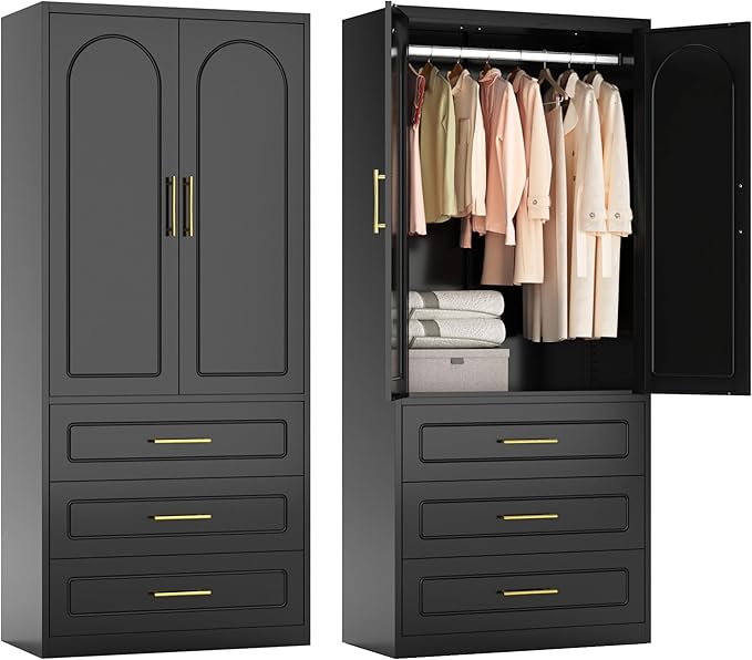 71" Tall Metal Armoire Wardrobe Closet witih Three Drawers, Large Wardrobe Cabinet with Hanging Rod, Clothing Storage Cabinet with Doors and Shelves for Bedroom, Black, Assemble Required