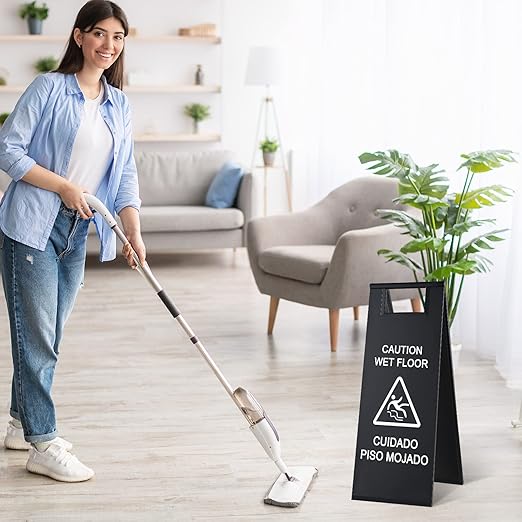 Kigley 2 Pcs Wet Floor Sign, 24 Inch Stainless Steel Caution Wet Floor Sign Double Sided Portable Foldable Bilingual Safety Warning for Hotel Market Restroom Restaurant Office (Black)