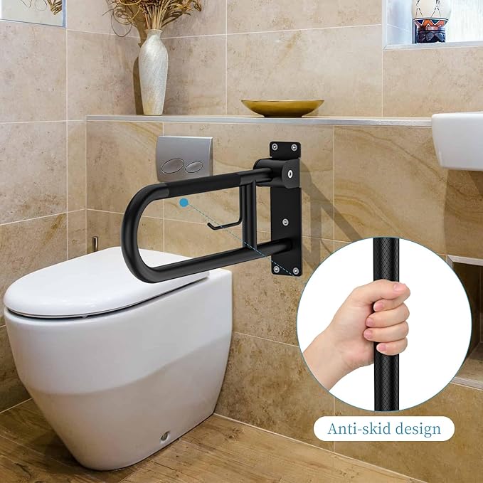Toilet Grab Bar 22.4 Inch Black, Munzong Anti-Slip Handicap Grab Bars with Paper Holder, Flip-Up Bathroom Safety Rails, Stainless Steel Knurled Support handrails for Seniors Elderly Disabled Pregnant