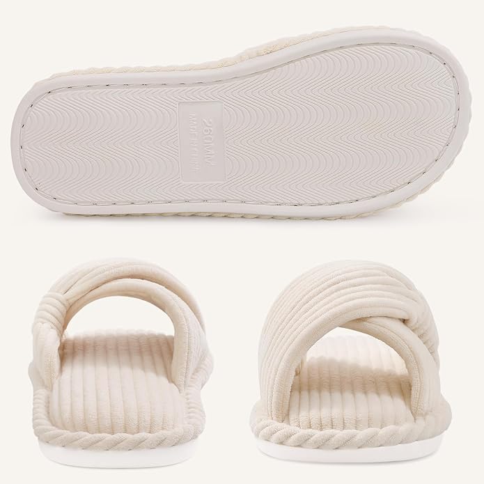 Evshine Fall House Slippers for Women Corduroy Cross Bow Indoor Slippers Open Toe Slip On Bedroom Shoes with Memory Foam