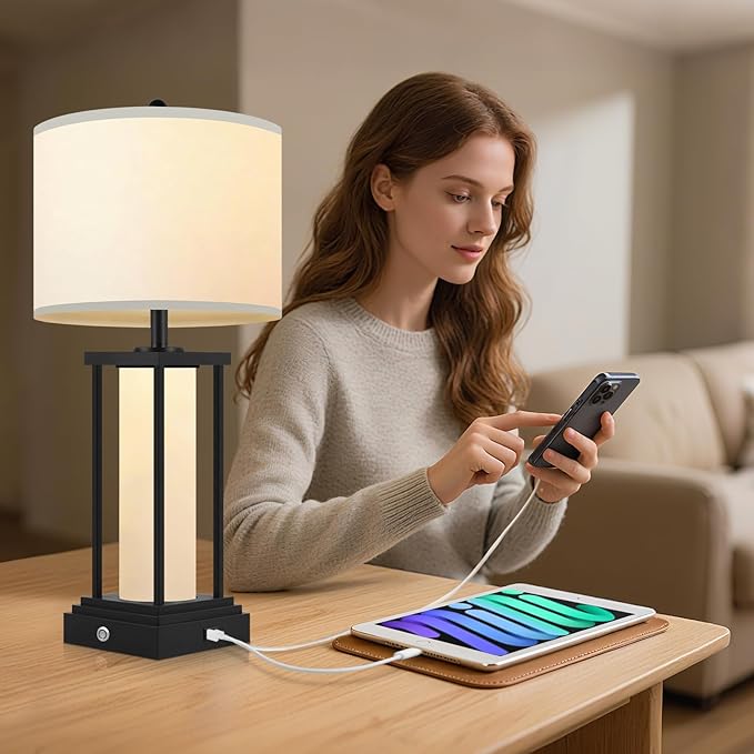 End Table Lamps, Touch Lamps, 3 Color Temperatures, Stepless Dimming, Bedside Lamps with USB C+A Ports, Living Room Table Lamps, Bedroom Lamps for Nightstand(Bulbs Included) - 1 Pack