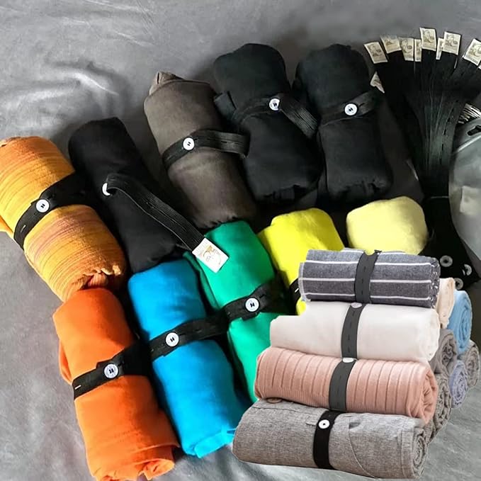 20Pcs Elastic Band with Buttonholes, Stretchable Connectable, Roll-up Clothes Storage Band, Adjustable Clothing Storage Strap with Button, Travel Luggage Space Saver, Drawer & Closet Organizer, Black