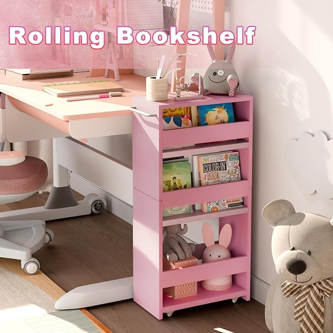 MARTY Rolling Storage Cart 7.9" W, 4-Tier Kitchen Cart with Wheels Handle, Slim Storage Cart Mobile Shelving Utility Carts for Bathroom Laundry Room Organization Narrow Places (Pink)