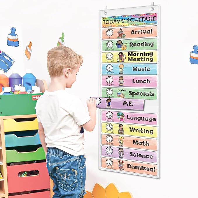 ABCxGOOD Daily Schedule Pocket Chart, Visual Schedule Pocket Chart for Toddler, 13+1 Pocket with 21 Dry-Erase Reusable Cards, prek k Preschool Classroom Must Haves.