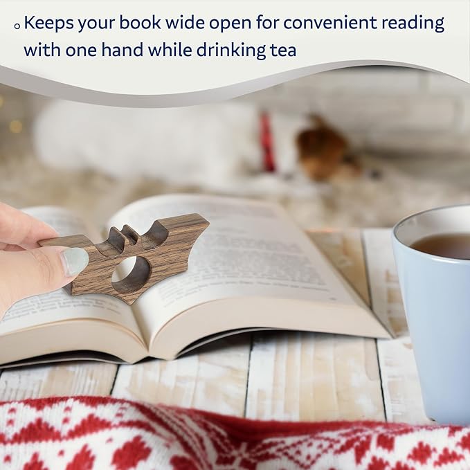 Bat Thumb Book Page Holder, Smooth Finish Walnut Wood Book Holder for Reading, Ideal Book Reader Gifts & Reading Accessories,Book Worm Gifts for Women, Thumb Book Page Holder - Book Lover Gifts
