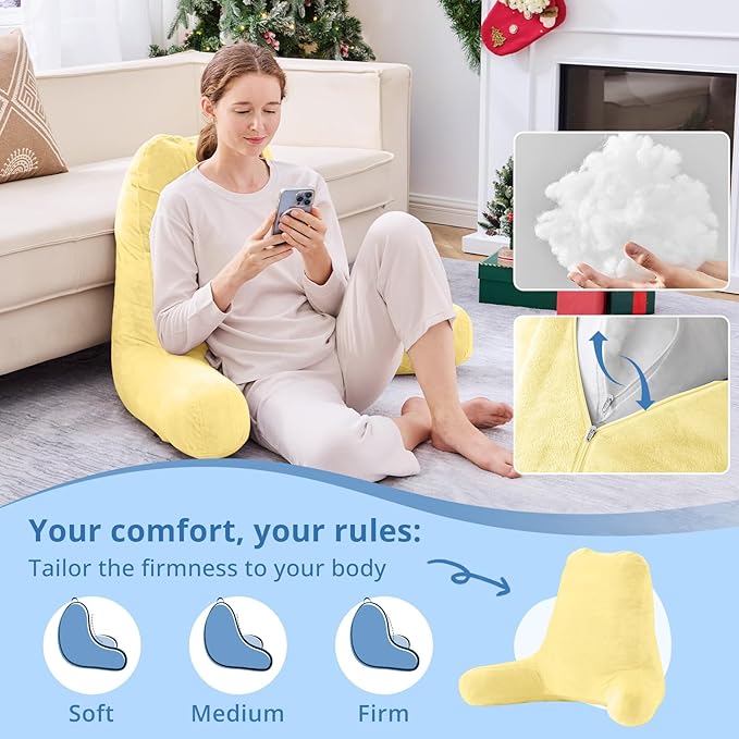 Sasttie 25-inch Reading Pillows for Sitting in Bed Adult, Jumbo Velvet Back Pillow Bed Sitting Up, XL High Back-Rest Support Cushion for Sit Up on Couch & Floor, Oeko-Tex Certified, Light Yellow
