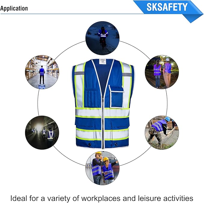 SKSAFETY 10 Pockets Safety Vest, Class 2 High Visibility Security with Zipper, Hi Vis Vest with Reflective Strips, ANSI/ISEA Standard, Construction Work Vest for Men ＆ Women （Blue, 5XL）