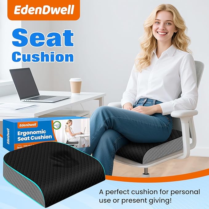 Seat Cushion, Memory Foam Chair Pad, Non-Slip Cushion for Office, Home, Car, Large Desk Chair Cushion, Washable Cover & Handle, X-Large, Black