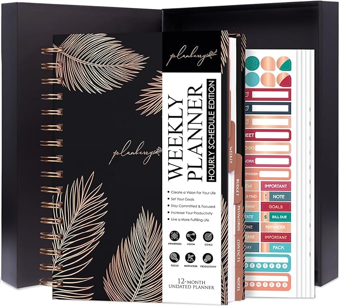 PLANBERRY Hourly Schedule Planner Premium – Undated Weekly Organizer with Time Slots & Monthly Budget – Time Management, Goal Setting, to-Do List & Habit Tracker –6.9″x8.5″(Onyx Black)