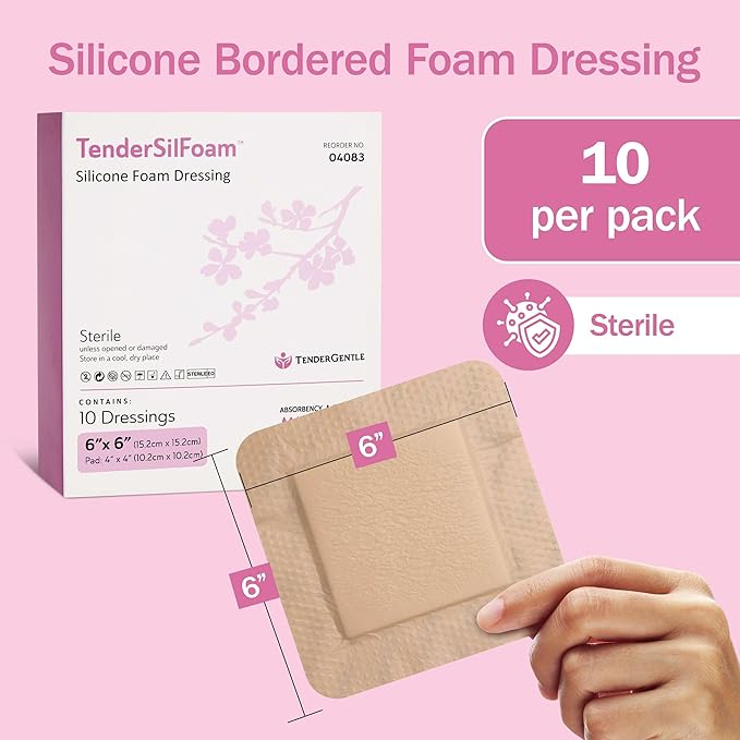 Bordered Silicone Foam Bandages - 10 6x6 Sterile Silicone Foam Dressings for Wound Care, & Dressings - Absorbent Bed Sore Protectors - Good for Sensitive Skin