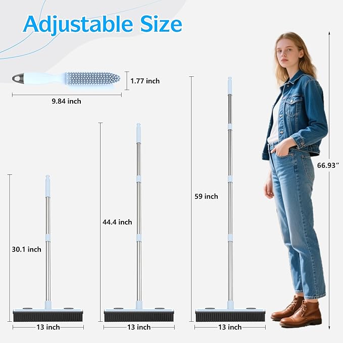 Rubber Broom Carpet Rake for Pet Hair Removal, Dog Hair Broom with 59" Adjustable Handle, Push Broom with Squeegee for Carpet, Hardwood Floor, Tile, Includes 1 Pet Hair Brush