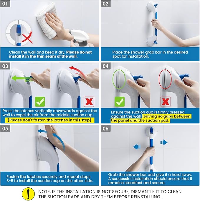 LEVERLOC Grab Bars for Bathtubs and Showers, Shower Handle 17 Inch Strong Suction Bath Handrails, Safety Grip for Bathroom Chair, Bathroom Grab Bar for Senior No Drilling Waterproof,Blue