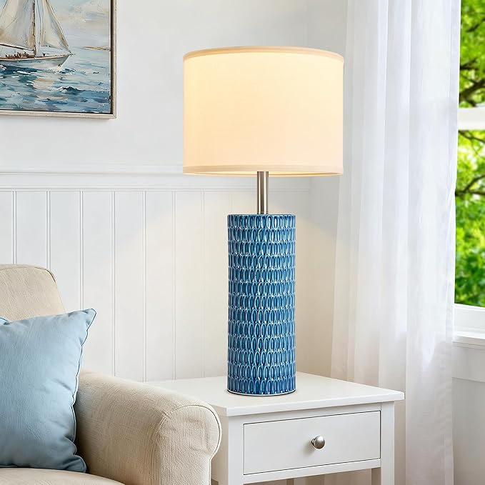 26.5" Ceramic Table Lamp, Table Lamp for Living Room, Blue Lamp for Bedroom, Night Stand Lamps, Modern Bedside Lamp Set of 2, End Table Lamps,Blue