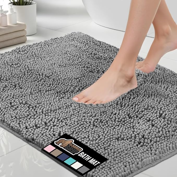 GORILLA GRIP Bath Rug Mat 48x24, Thick Soft Absorbent Chenille, Quick Dry Microfiber Mats, Rubber Backing Washable Shower Floor Rugs, Bathmat Runner, US Designed Bathroom Home Decor Accessories Grey