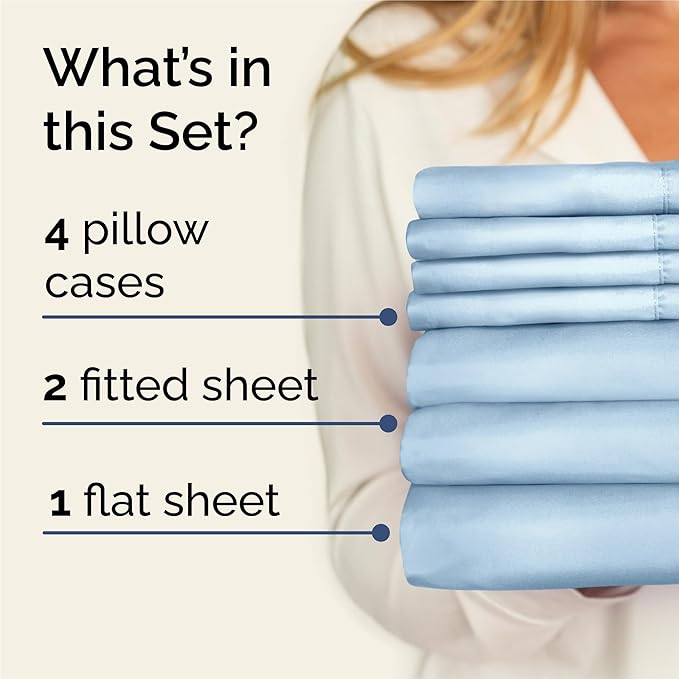 Split King 7 Piece Sheet Set - Cooling & Breathable Bed Sheets - Hotel Luxury Bed Sheets for Women, Men, Kids & Teens - Deep Pockets - Easy Fit - Soft and Wrinkle Free - Split King Light Blue Sheets