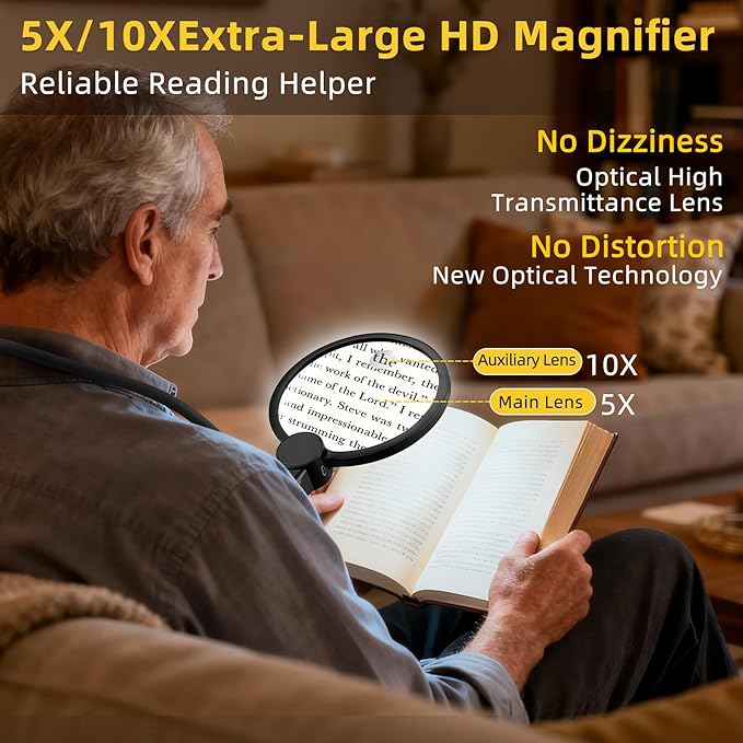 2500mAh Magnifying Glass with Light, Upgrade LCD Display Screen 5X/10X Lighted Magnifier for Seniors & Low Vision, Hands Free Magnifier for Reading, Knitting, Cross Stitch & Crafts(Black)