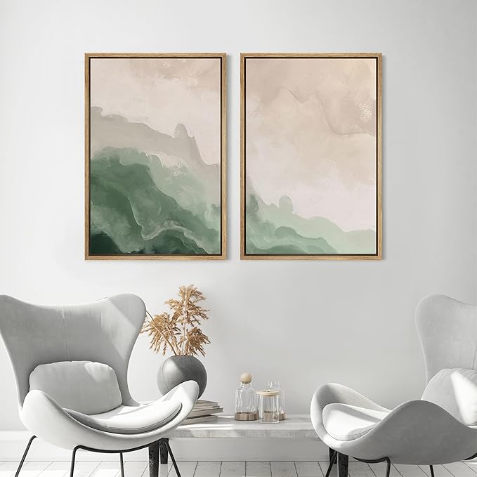 MUDECOR Framed Canvas Print Wall Art Soft Green and Beige Abstract Calming Watercolor Landscape Illustrations Modern Art Decorative Bohemian Chic for Living Room, Bedroom, Office - 24"x36"x2 Natural