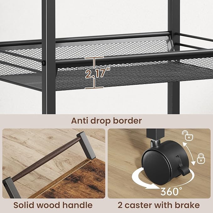 5-Tier Storage Cart, Rolling Utility Cart, Metal Fruit Vegetable Basket for Kitchen, with Handle, Lockable Wheels, Drawer, Rolling Cart Organizer for Pantry, Makeup, Rustic Brown