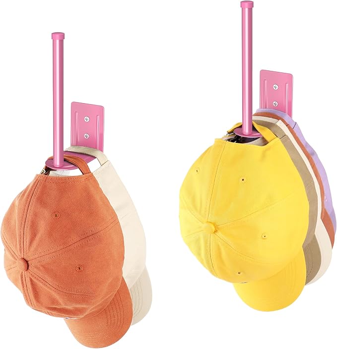 2 Pack Hat Racks for Baseball Caps, Stainless Steel Hat Organizer for Baseball Cap, Hat Holder Storage Organizer, Hat Hanger Strong Adhesive/Wall Drilled for Door, Bedroom, Closet(Pink 6 in)