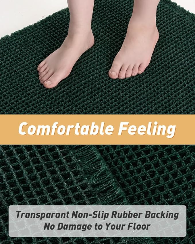 Upgraded Waffle Runner Rug, Super Absorbent Non Slip Bath Mats for Bathroom Floor Machine Washable Bathroom Runner Rug with Tassels Ideal for Hallway Bedroom Laundry Room, Dark Green, 2'x4'(24" x 48")