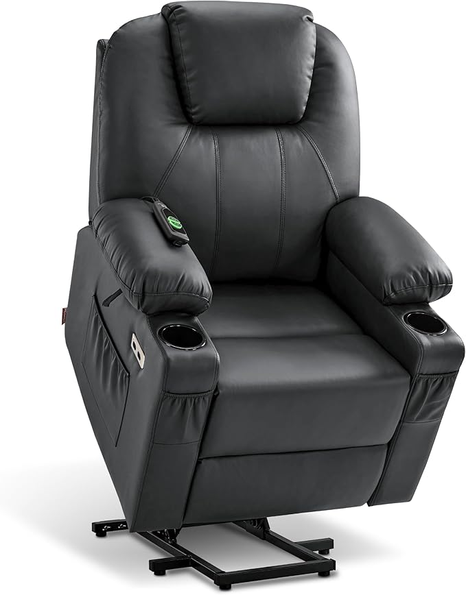 MCombo Power Lift Recliner Chair for Elderly, Lift Chair with Heat and Massage, FSC Certified, USB Ports, Cup Holders, Faux Leather 7141 (Black, Small)