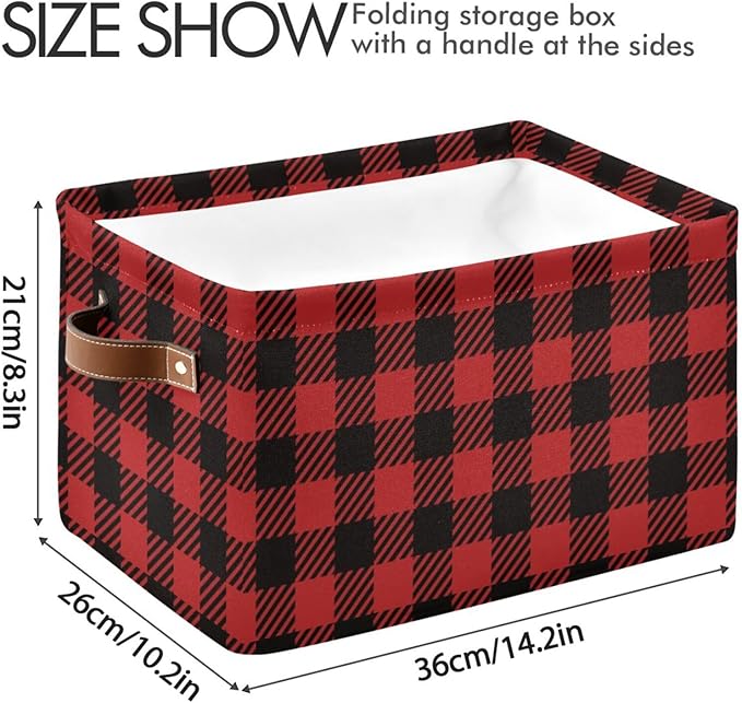 Red and Black Buffalo Plaid Storage Basket Cube Storage Bins Organizer Bag Collapsible Closet Shelf Baskets with handle for Cloth Book 14.2×10.2×8.3 IN