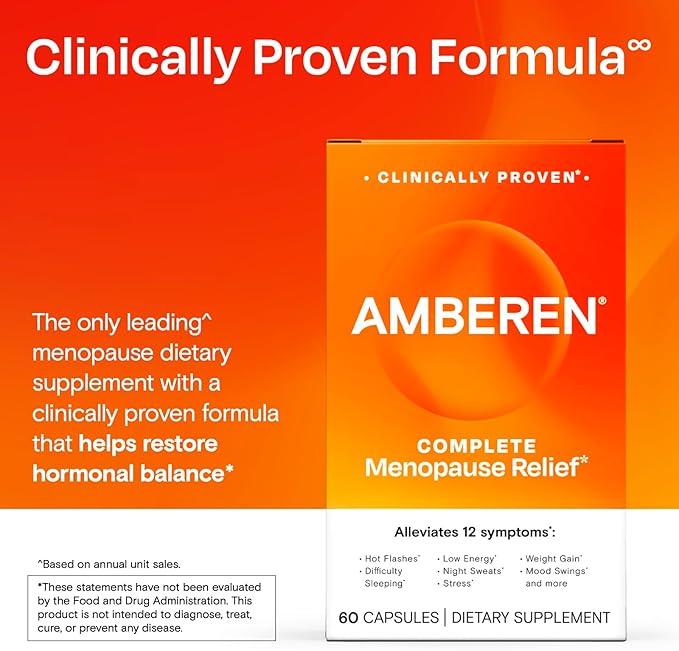 Amberen Menopause Supplement for Women, 180 Capsules, Clinically Proven, Helps Support Hormone Balance, Helps Relieve 12 Menopause Symptoms: Hot Flashes, Night Sweats, Mood Swings and More