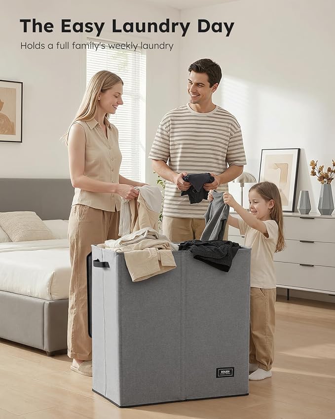 SOLEDI Large Double Laundry Hamper with Lid, Collapsible Clothes Hamper 2 section with Removable Bags, Space-Saving Laundry Basket for Bedroom, Dorm, College