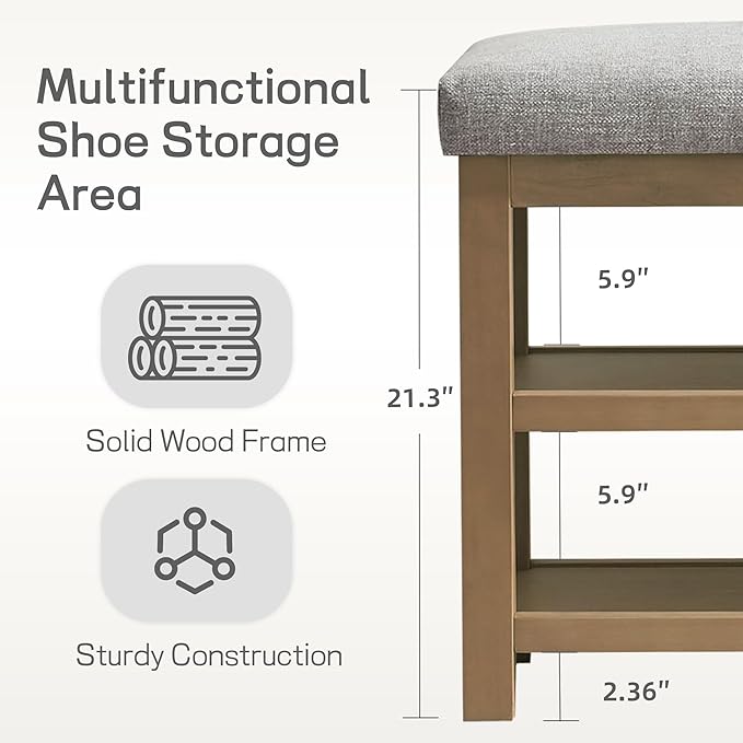 2 Tier Shoe Rack Bench with Cushion, Solid Wood Shoe Benches, Mid-Century Modern Shoe Storage Bench for Entryway, Hallway, Living Room, Closet, Front Door Entrance, (Grey, 39.4")