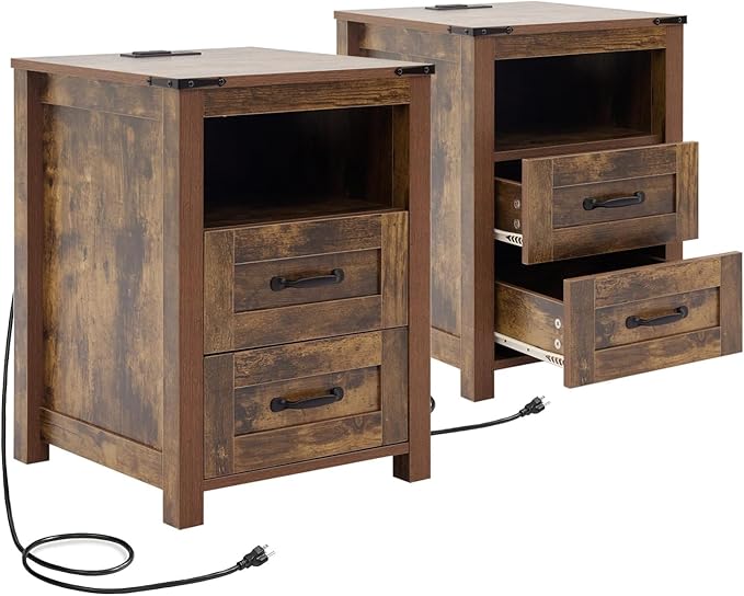 Brown Night Stand Set of 2, Rustic End Table with Charging Station, Farmhouse Tall Nightstand for Bedroom, Drawer Dresser Bedside Table with Open Storage Shelf