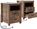 Brown Night Stand Set of 2, Rustic End Table with Charging Station, Farmhouse Tall Nightstand for Bedroom, Drawer Dresser Bedside Table with Open Storage Shelf
