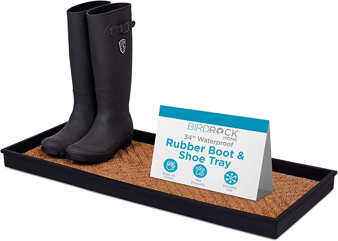 BIRDROCK HOME Rubber Boot & Shoe Tray | Coir Insert | 34" x 14" | Waterproof Shoe Tray for entryway | Embossed Pattern