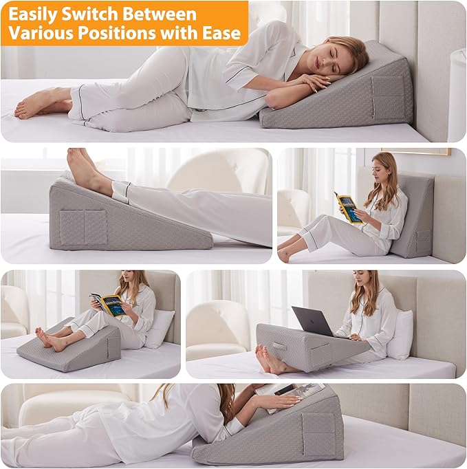 Wedge Pillow for Sleeping, 10" Bed Wedges Pillow for Headboard, Triangle Incline Wedge for Acid Reflux, Pillows Wedge for Back Pain Relief, Elevated Leg Pillows After Surgery, Snoring, Grey