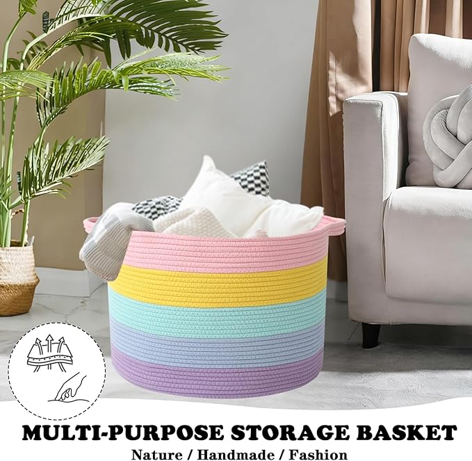 Large Storage Basket with Handle,19.7" L x 19.7" W x 13" H Blanket Basket Storage Bins for Organizing,65L Cotton Rope Woven Baskets for Living Room, Nursery ,Bedroom,Colorful