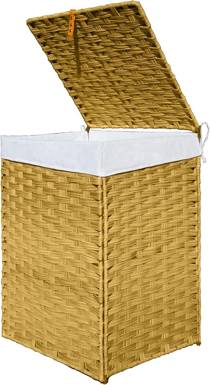 90L Foldable Outdoor Wicker Storage Basket with Lid - Patio Storage Hamper with Removable,Machine Washable 2-Compartment Liner & Handles for Clothes,Pillows,Bedding(Yellow)