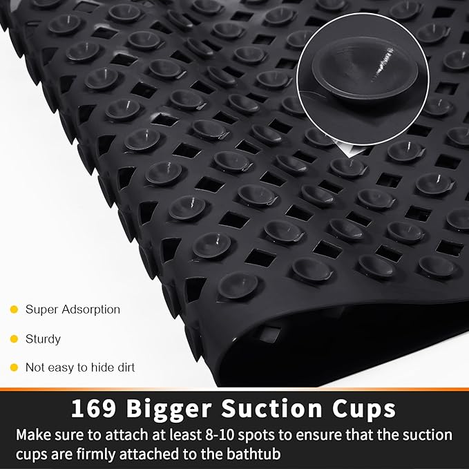 Yimobra Square Shower Mat Non Slip, Super Strong Suction Cups, 21"x21" Bath Tub Mat with Drain Holes, Machine Washable Fast Draining Bath Mats, Bathroom Essentials,Black