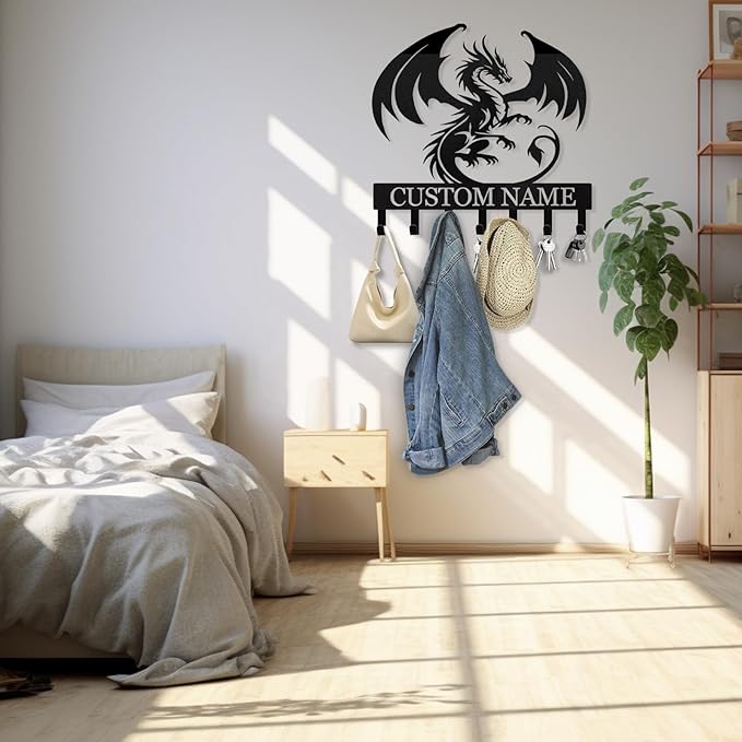 Custom Dragon Design Metal Wall Key Holder, Adhesive Key Rack Hook Organizer for Living Room Bedroom