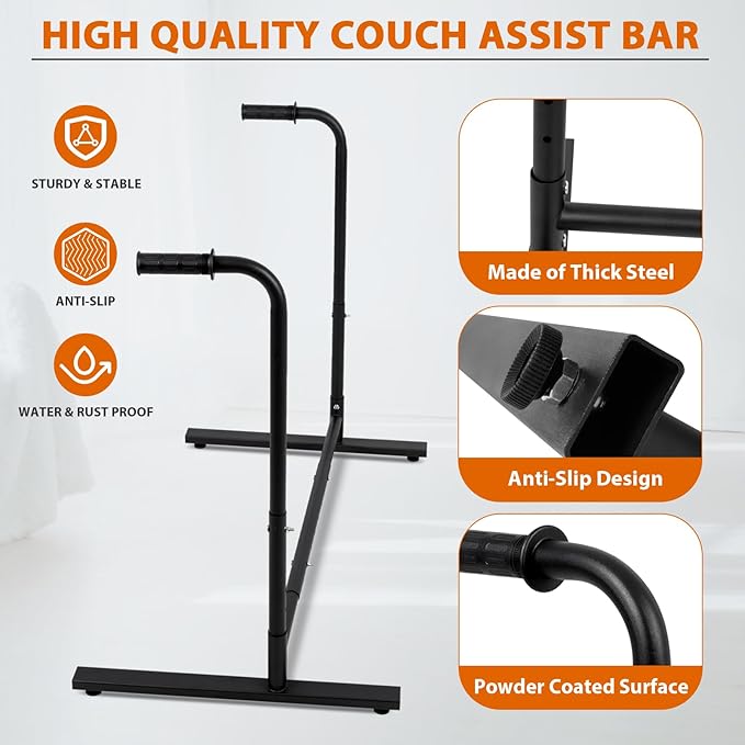 Heavy-Duty Adjustable Stand Assist Aid for Elderly - 500 lbs Capacity, Portable Sit-to-Stand Lift Assist for Couch, Chair & Bed - Non-Slip Covers, Easy Assembly, Black