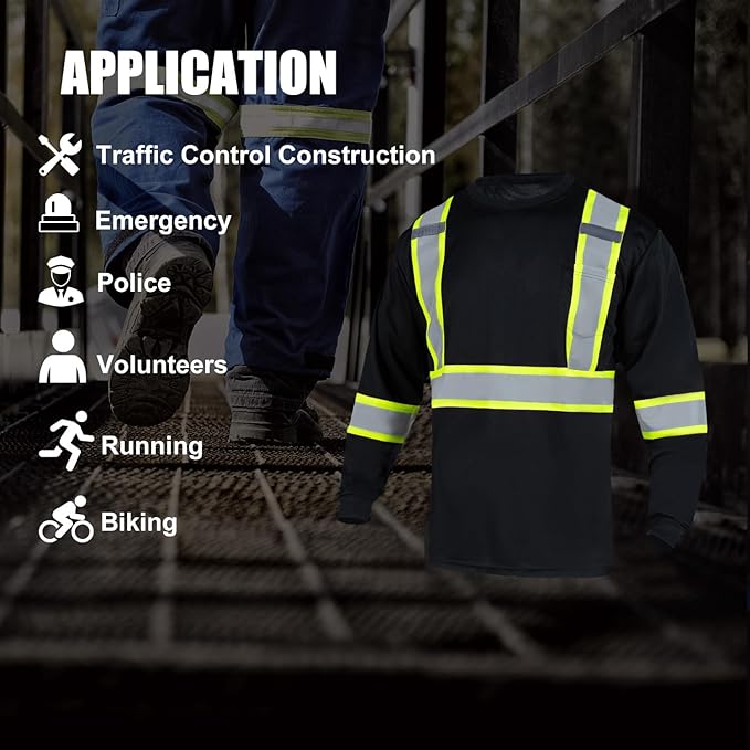 FONIRRA Hi Vis Shirts for Men Reflective ANSI Class 2 Safety Long Sleeve High Visibility Work Construction T Shirts Black